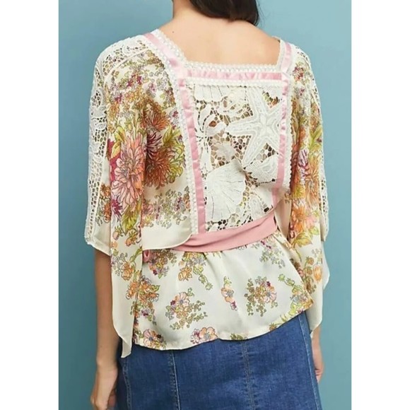 Tiny Anthropologie Side Tie Top Begonia Floral Blouse Square Neck Lace Kimono M - Picture 7 of 12